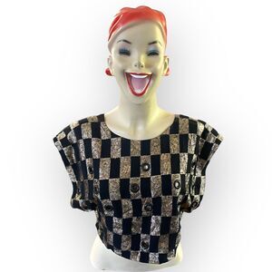 70s Black Boxy Top Rainbow Lurex Metallic Floral Checkered Grommets Reversible